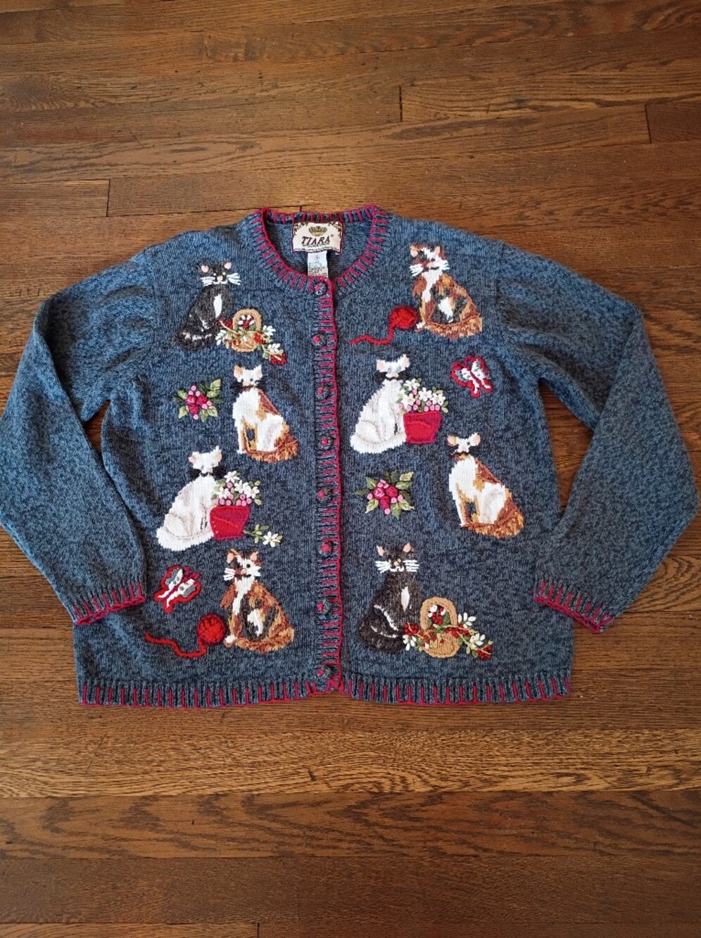 Vintage Tiara International Knit Cat Cardigan Cottagecore Cat Lady Size Medium